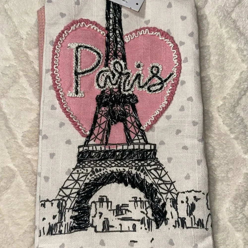 with LOVE Pink Ivory Black Metallic PARIS Eiffel Tower Cotton Kitchen Towels 2pc